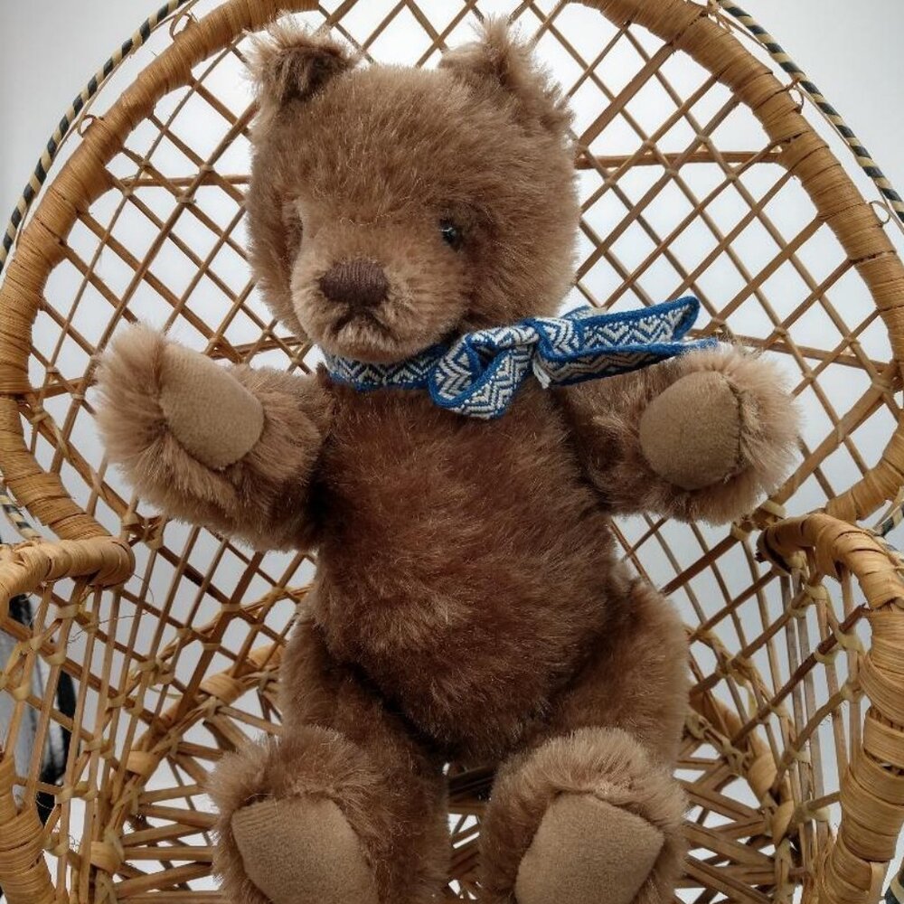 Vintage Brown Steiff Bear With Blue Patterned Bow Tie & Button Eyes